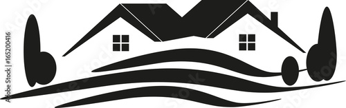 Zwei Häuser und Wiese, Immobilienmakler und Immobilien Logo