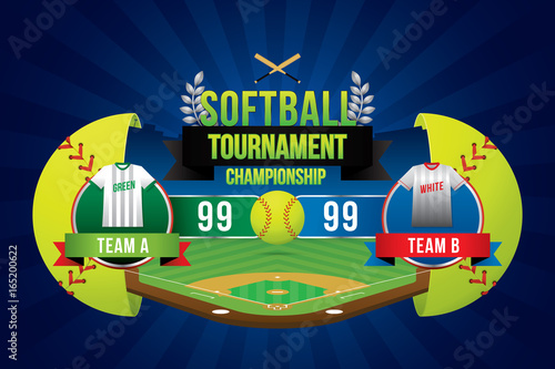 Vector of softball tournament championship with team competition and scoreboard.