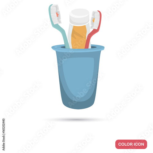 Toothbrush and toothpaste in a glass color flat icon for web and mobile design