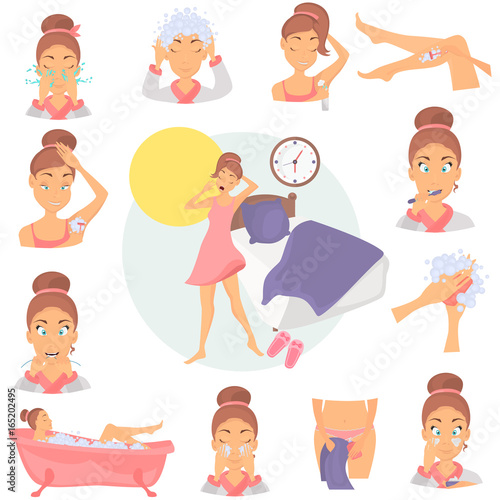 Morning girl hygiene color flat icons set. Girl awakening illustration for web and mobile design