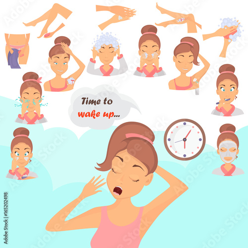 Morning girl hygiene color flat icons set. Girl awakening illustration for web and mobile design