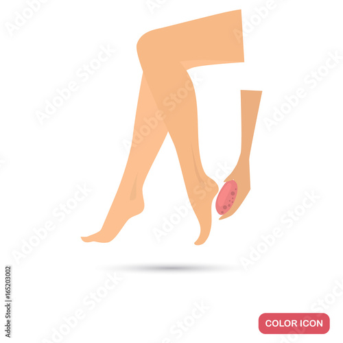 The girl cleans the heel with pumice stone color flat icon for web and movile design
