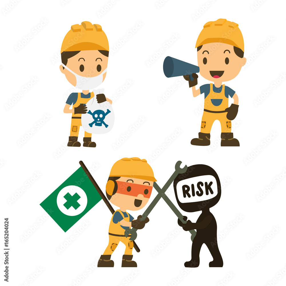 Set of Character Constructor worker in various situations. Vector illustration