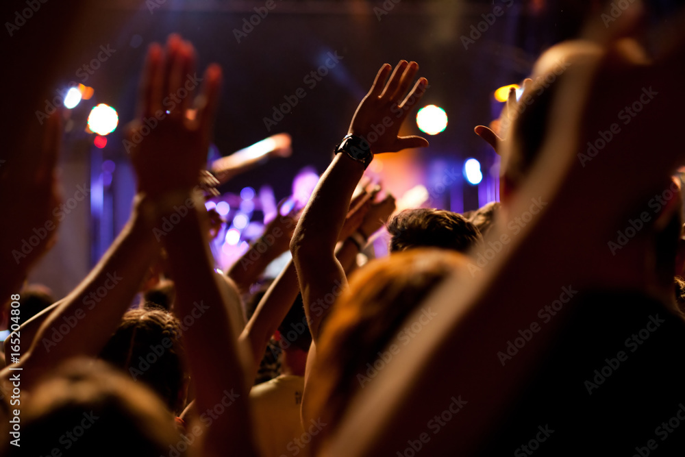 Fototapeta premium crowd with raised hands at concert - summer music festival