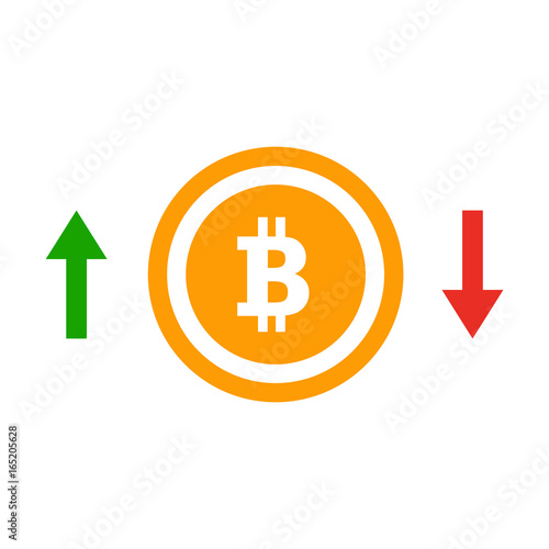 Up and down arrows bitcoin course flat icon. Concept of simple bitcoin badge or forecast of purchase index or trade strategy. Bitcoin flat logotype design isolated on white background