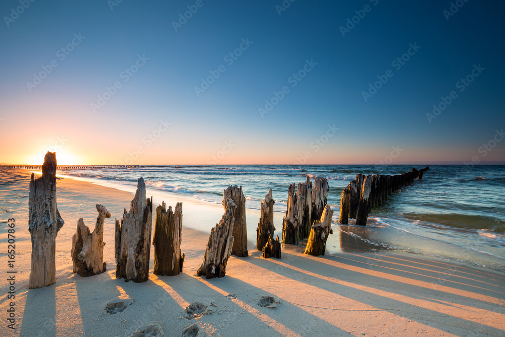Sunset on the Baltic Sea beach and old wooden breakwater - obrazy, fototapety, plakaty 