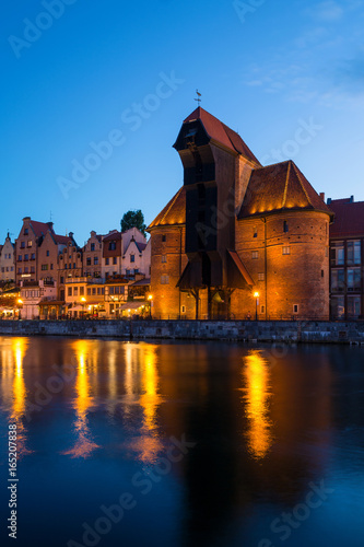 View from the river to the old town in Gdansk at night