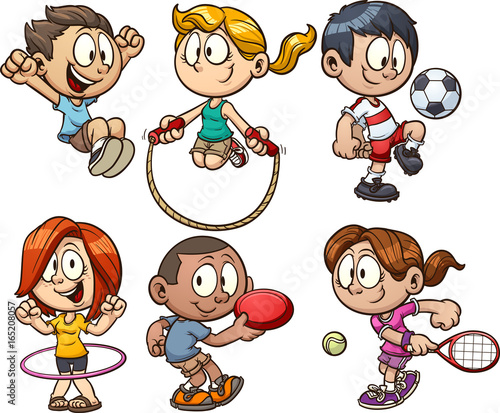 Cartoon kids playing. Vector clip art illustration with simple gradients. Each on a separate layers.