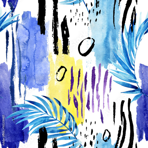 Geometric watercolor shapes and tropical leaves seamless pattern.