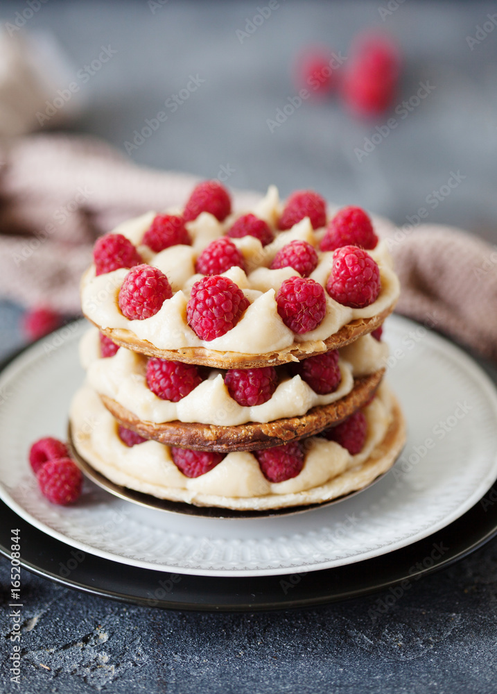 Millefeuille with vanilla cream and raspberry Millefeuille with vanilla cream and raspberry