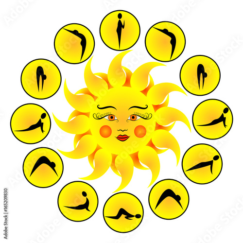 Yoga exercises Sun Salutation Surya Namaskara. Vector illustration.