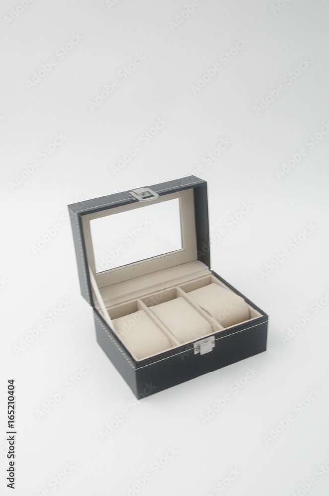 jewelry box or black leather jewelery box on background.