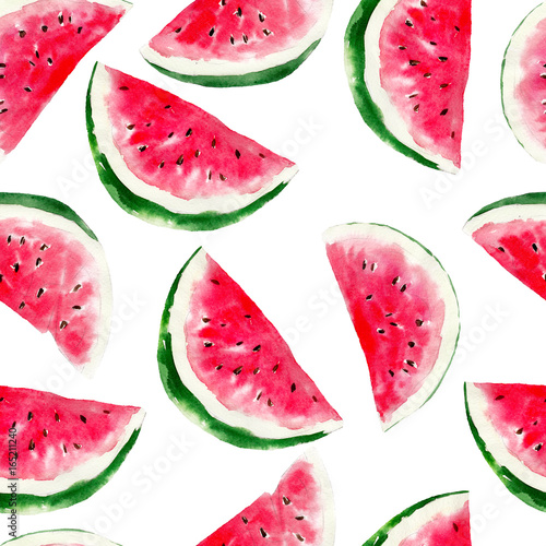 Fototapeta Naklejka Na Ścianę i Meble -  Watermelon watercolor seamless pattern. Bright tropical fruit isolated on white background, hand-drawn design for background, wallpaper, textile, wrap and etc.