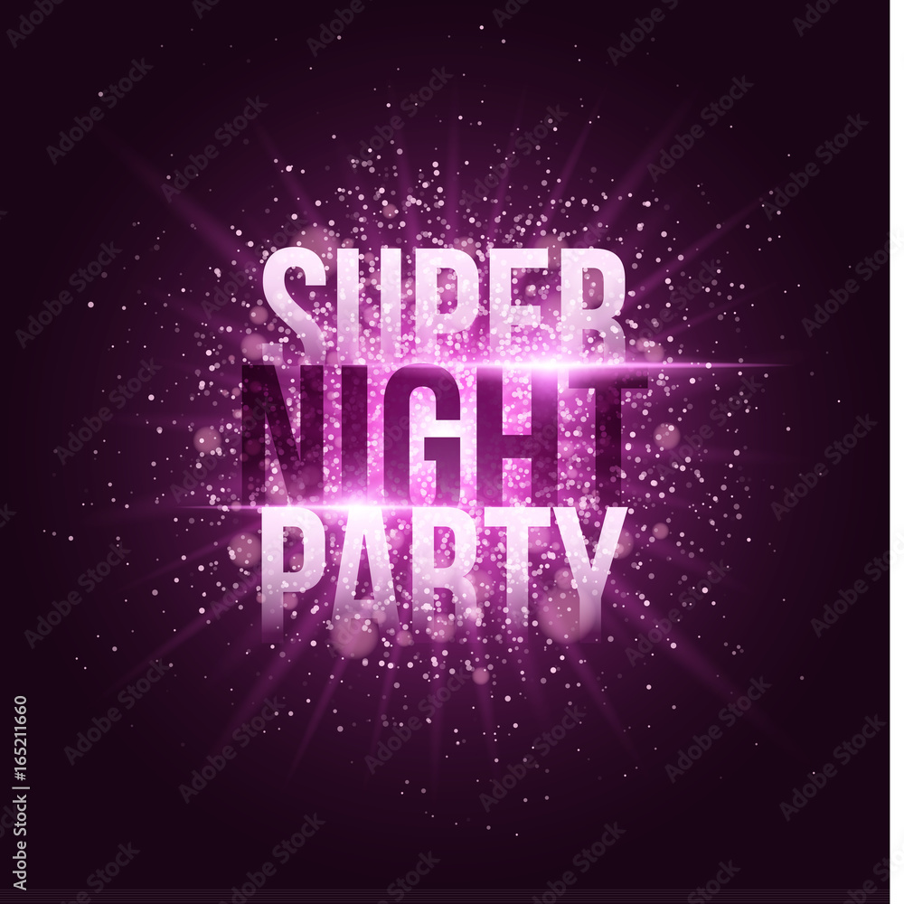 Super night party. Bright purple flash with rays of light and glare bokeh. Purple dust in the night. Festive brochure. Your project.