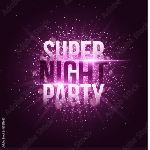 Super night party. Bright purple flash with rays of light and glare bokeh. Purple dust in the night. Festive brochure. Your project.