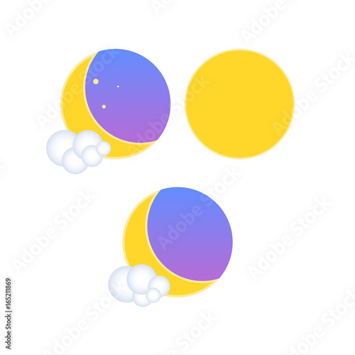 Set of weather climatic icons in 3d and flat styles. Night and daytime weather conditions. A cloud of 3d balls. Month and a starry sky. Icons for the web