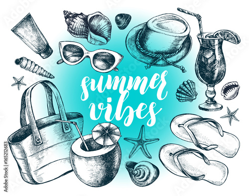 Ink hand drawn set of Beach accessories and marine elements. Sea vacation collection. Template for cards, banners, posters design with modern brush calligraphy style lettering. Vector illustration.