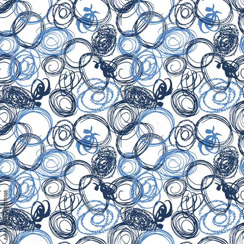 Vector colorful seamless pattern with brush blots and circles. Blue color on white background. Hand painted grange texture. Ink geometric elements. Fashion modern style. Unusual teen and kid.