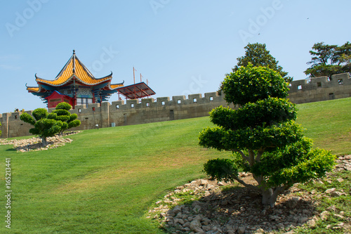 Chinese pagoda behind a wall