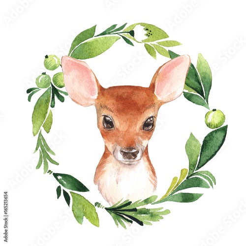 Leinwand Poster Baby Deer and floral frame