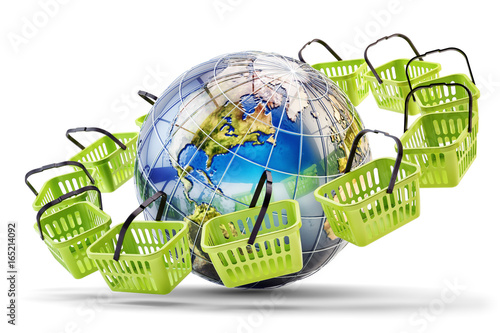 Online shopping, internet purchases and e-commerce concept, green shopping baskets around the Earth globe, isolated on white background photo