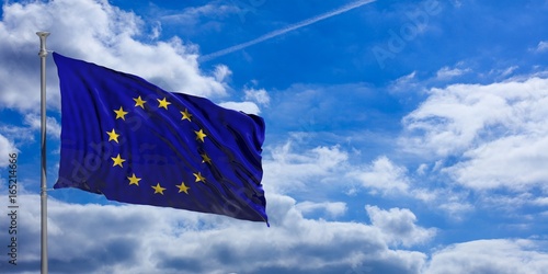 European Union waving flag on blue sky. 3d illustration