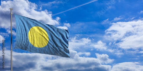 Palau waving flag on blue sky. 3d illustration