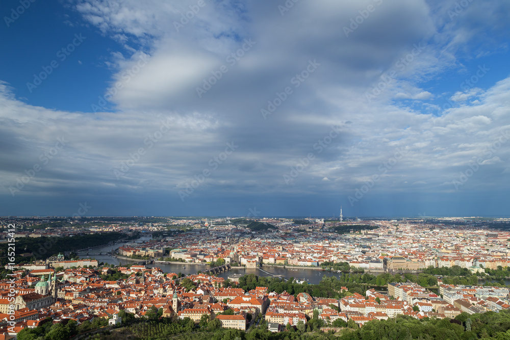 View of the Mala Strana (Lesser Town) and Old Town districts and beyond in Prague, Czech Republic, from above. Copy space.