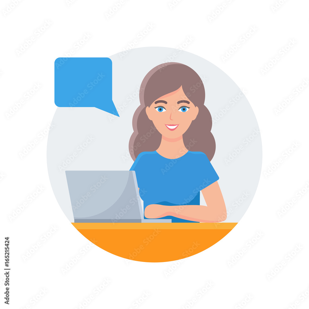 Vector illustration of a woman working on a laptop with speech bubble
