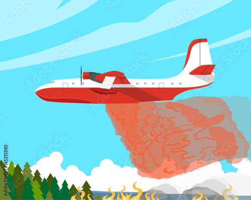 A fire plane extinguishes a forest fire high in the mountains. Vector illustration