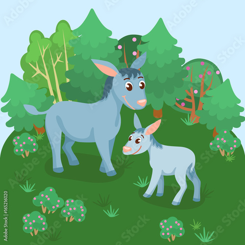 Card with adult and young donkey in natural background / Domestic animals in cartoon style 