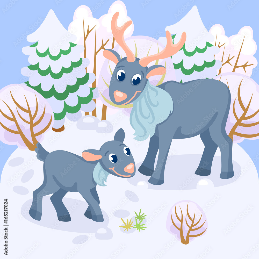 Fototapeta premium Card with adult and young reindeer in natural background / Domestic animals in cartoon style 