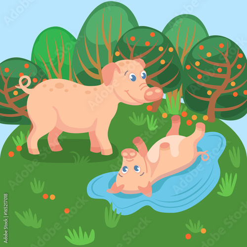 Card with adult and young pig in natural background / Domestic animals in cartoon style
