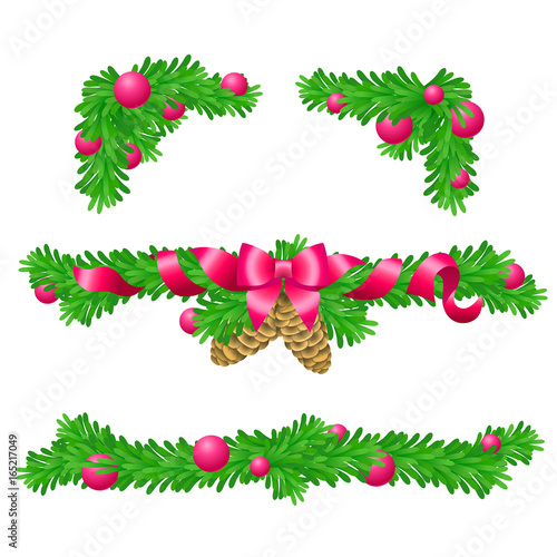 Four parts of Christmas decoration for rectangle areas / There are upper, lower and two angular compositions with fir branches, fir cones, bow, ribbons and balls   © ksenashurubura