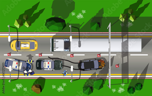 Top view road incident with police cars