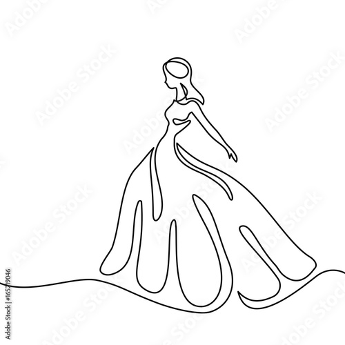 Silhouette of a slender woman bride in a long dress. Continuous line drawing. Vector illustration