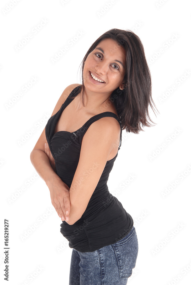 Woman standing in profile in full length. Woman standing in profile in full length.