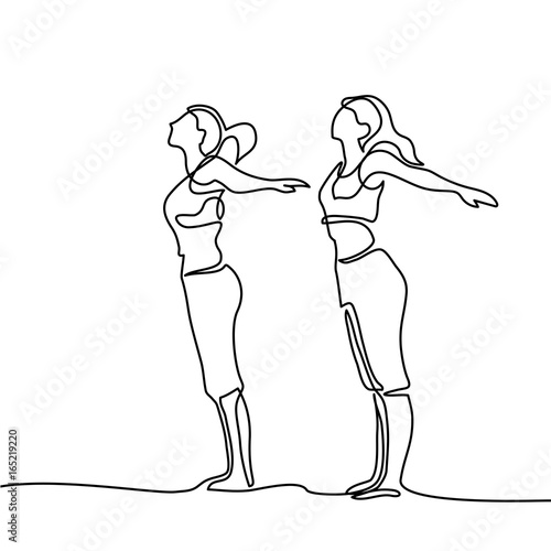 Continuous line drawing. Two women doing exercise in yoga pose. Vector Illustration