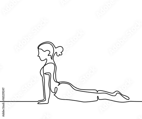 Continuous line drawing. Woman doing exercise in yoga pose. Vector Illustration