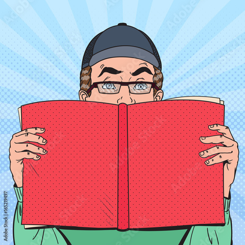Pop Art Surprised Man Reading Book. Educational Concept. Vector illustration