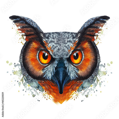 A drawing of a night owl, painted by watercolors, an owl with a bright coloring, orange bloody eyes