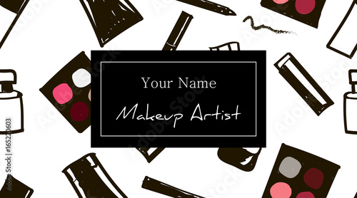 Makeup artist business card template. Set Hand-drawn cosmetics seamless pattern with place for your text. Cosmetic banner. Vector beauty illustration