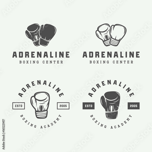 Set of retro boxing and martial arts logo badges and labels in vintage style. Monochrome graphic Art. Vector Illustration.