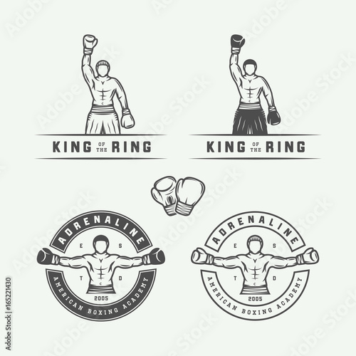 Set of retro boxing and martial arts logo badges and labels in vintage style. Monochrome graphic Art. Vector Illustration.