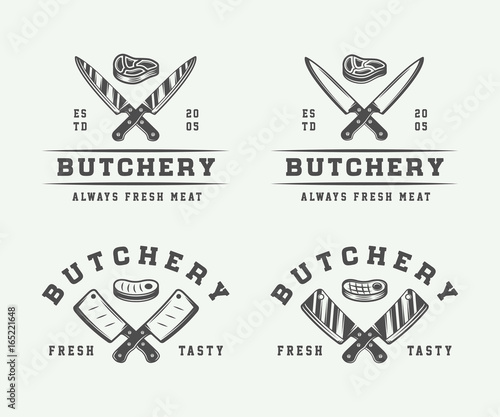 Set of vintage butchery meat, steak or bbq logos, emblems, badges, labels. Monochrome Graphic Art. Vector Illustration.