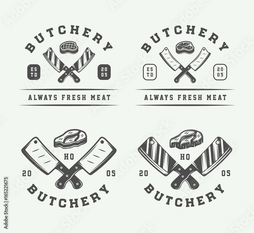 Set of vintage butchery meat, steak or bbq logos, emblems, badges, labels. Monochrome Graphic Art. Vector Illustration.