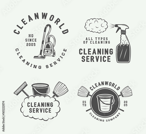 Set of retro cleaning logo badges, emblems and labels in vintage style. Monochrome Graphic Art. Vector Illustration.
