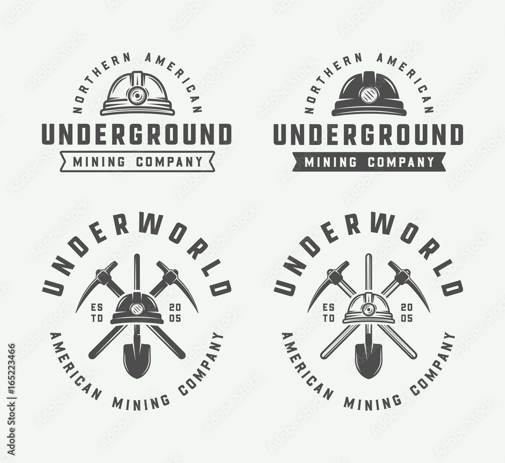 Fototapeta premium Set of retro mining or construction logos, badges, emblems and labels in vintage style. Monochrome Graphic Art. Vector Illustration.