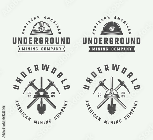 Set of retro mining or construction logos, badges, emblems and labels in vintage style. Monochrome Graphic Art. Vector Illustration.