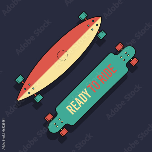 Vector illustration Longboards of different shapes in flat style. Isolated Longboards on blue background.